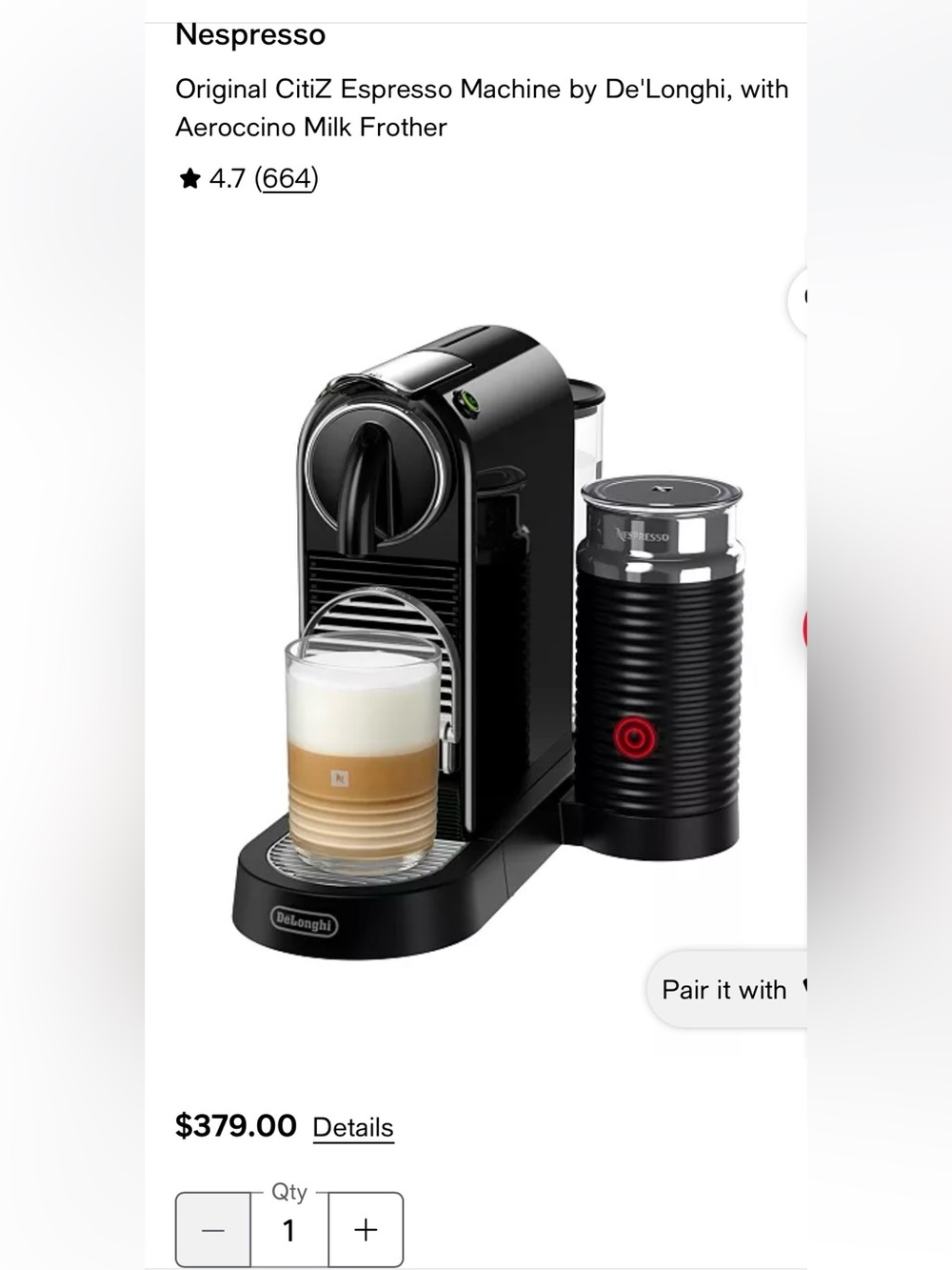 Nespresso CitiZ Coffee and Espresso Machine with Aeroccino Milk Frother - Picture 8 of 8